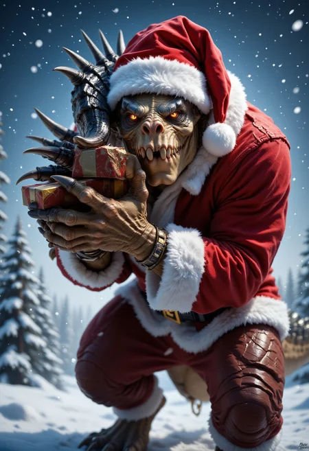 A photorealistic depiction of a massive, muscular Deathclaw dressed as Santa Claus including a Santa Hat in the North Pole. The Deathclaw is wearing Santa's outfit, with curved horns adding an even more striking and intimidating appearance. The Deathclaw is holding a wrapped present.