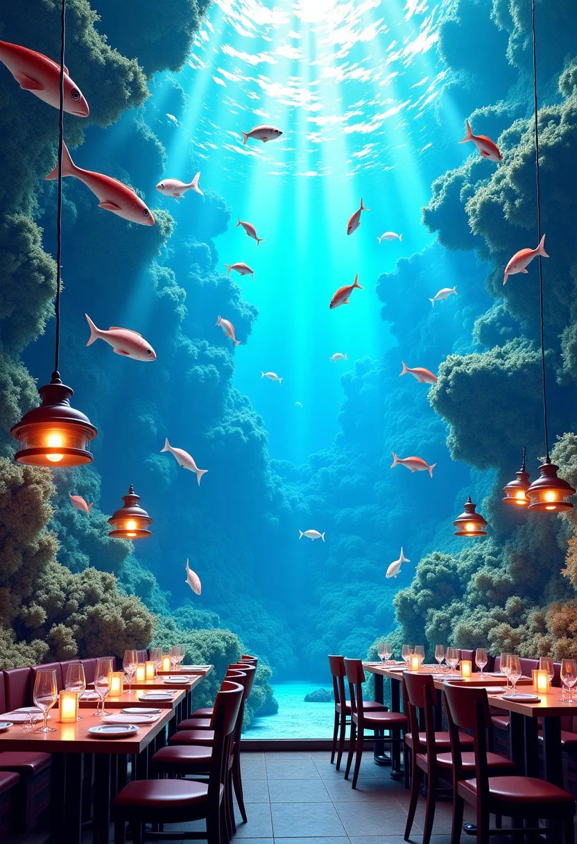 (masterpiece), best quality, expressive eyes, perfect face, sharp eyes, digital painting, voluminetric lighting, metallic reflections, 8k.
(masterpiece), best quality, expressive eyes, perfect face
Nestled by the harbor, is a seafood lover's dream. Upon entering, guests are greeted by a majestic aquarium, a vibrant tapestry of marine life. Schools of colorful fish dart between the corals, while regal lobsters navigate the rocky seabed. The tank, a living centerpiece, casts a serene blue glow, enhancing the nautical theme. Patrons dine to the soft murmur of bubbles, surrounded by the ocean's bounty. Each table offers a view of this underwater spectacle, making the experience of savoring fresh catches all the more enchanting. It's a feast for the senses, where the sea comes to life.