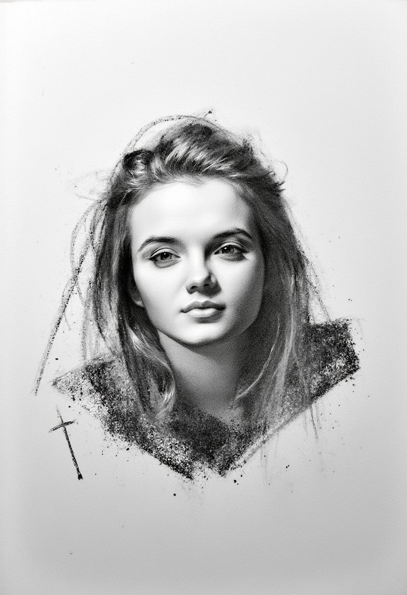 A portrait charcoal drawing,of a young blonde woman drawn in smudged charcoal,