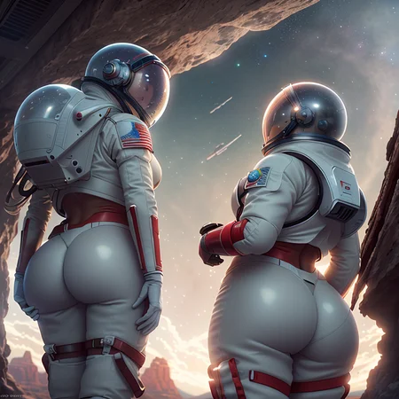 Highly detailed RAW color Photo, Rear Angle, Full Body, of (female space marine, wearing white and red space suit, (space helmet), tined face shield, oxygen tank, accentuated booty), outdoors, (leaning over rocky Rim, looking out at advanced alien structure), on exotic alien planet, toned body, big butt, (sci-fi), (mountains:1.1), (lush green vegetation), (two moons in sky:0.8), (highly detailed, hyperdetailed, intricate), (lens flare:0.7), (bloom:0.7), particle effects, raytracing, cinematic lighting, shallow depth of field, photographed on a Sony a9 II, 50mm wide angle lens, sharp focus, cinematic film still from Gravity 2013