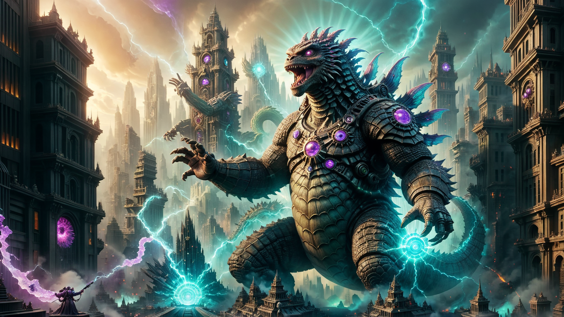 wide shot of godzilla rampaging in mythos fantasy cityscape,  swirling vortex of iridescent light, magic, luminescent power, quartz, amethyst, opal, mixed colors, jade, magical wraith, Godzilla spewing raw energy from its mouth, time long forgotten, mystical, unique forms of crystal shapes, (masterpiece:1.2), (epic composition:1.4), (talent:1.2), ultra detailed, cinematic lighting, highly detailed, insanely detailed, (photorealistic:1.2), hdr, 8k, exquisite, sharp, elegant, ambient lighting, fantasy vivid colors, high quality, <lora:add-detail-xl:2.5> ,<lora:takma2:0.6>  <lora:MechanicusStyleAIp:1> MechanicusStyleAI
