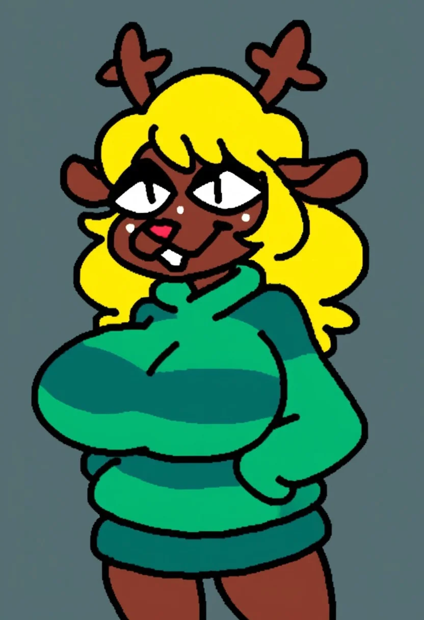 Score_9,score_8_up,score_7_up, by SuperiorFox, hi res, high quality, sharp focus, female solo, deltarune, noelle_holiday, ((triangle-shaped eyes)), brown fur, brown body, deer girl, long hair, blond hair, yellow hair, black eyes, large breasts, huge breasts, breasts fluency, freckles, buck Teeth, deer ears, expressive eyes, (green striped sweater, long sleeves), BREAK, simple background, grey background