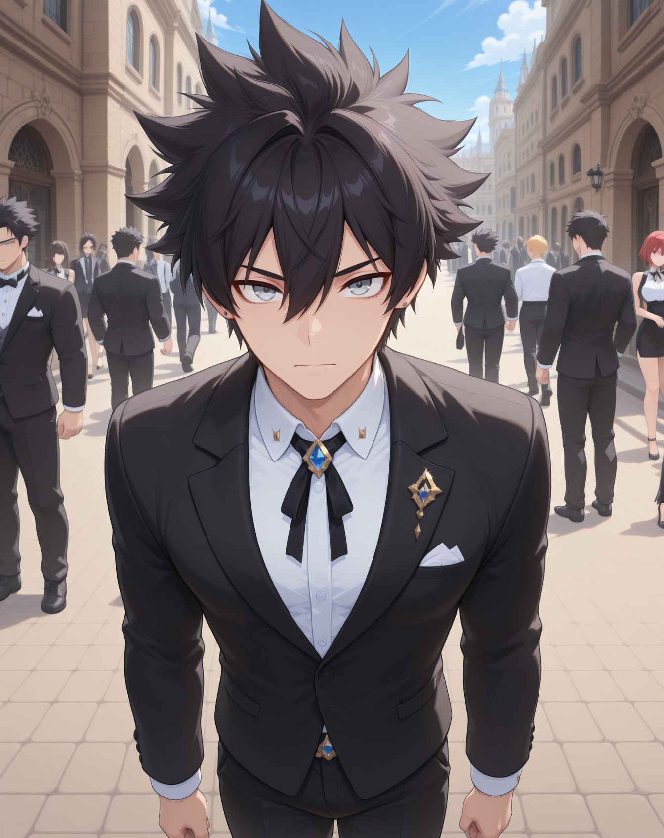 masterpiece,best quality,amazing quality, newest, very aesthetic, absurdres,
1boy, solo, yaoi, male focus, looking at viewer, cowboy shot, standing,
 <lora:Sieghart_Wonderland_ilxl:1> sieghartwonderland, spiked hair, black hair, hair between eyes, grey eyes, short hair,
formal, tuxedo, neck ribbon, white shirt, collared shirt, black pants, shoes, black footwear, suit jacket, black jacket,
outdoors, day, blue sky, building, people,