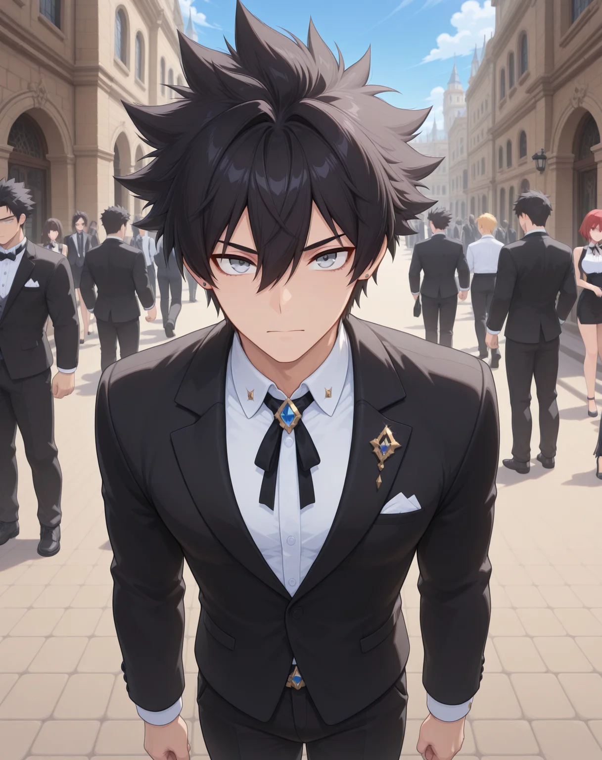 masterpiece,best quality,amazing quality, newest, very aesthetic, absurdres,
1boy, solo, yaoi, male focus, looking at viewer, cowboy shot, standing,
<lora:Sieghart_Wonderland_ilxl:1> sieghartwonderland, spiked hair, black hair, hair between eyes, grey eyes, short hair,
formal, tuxedo, neck ribbon, white shirt, collared shirt, black pants, shoes, black footwear, suit jacket, black jacket,
outdoors, day, blue sky, building, people,