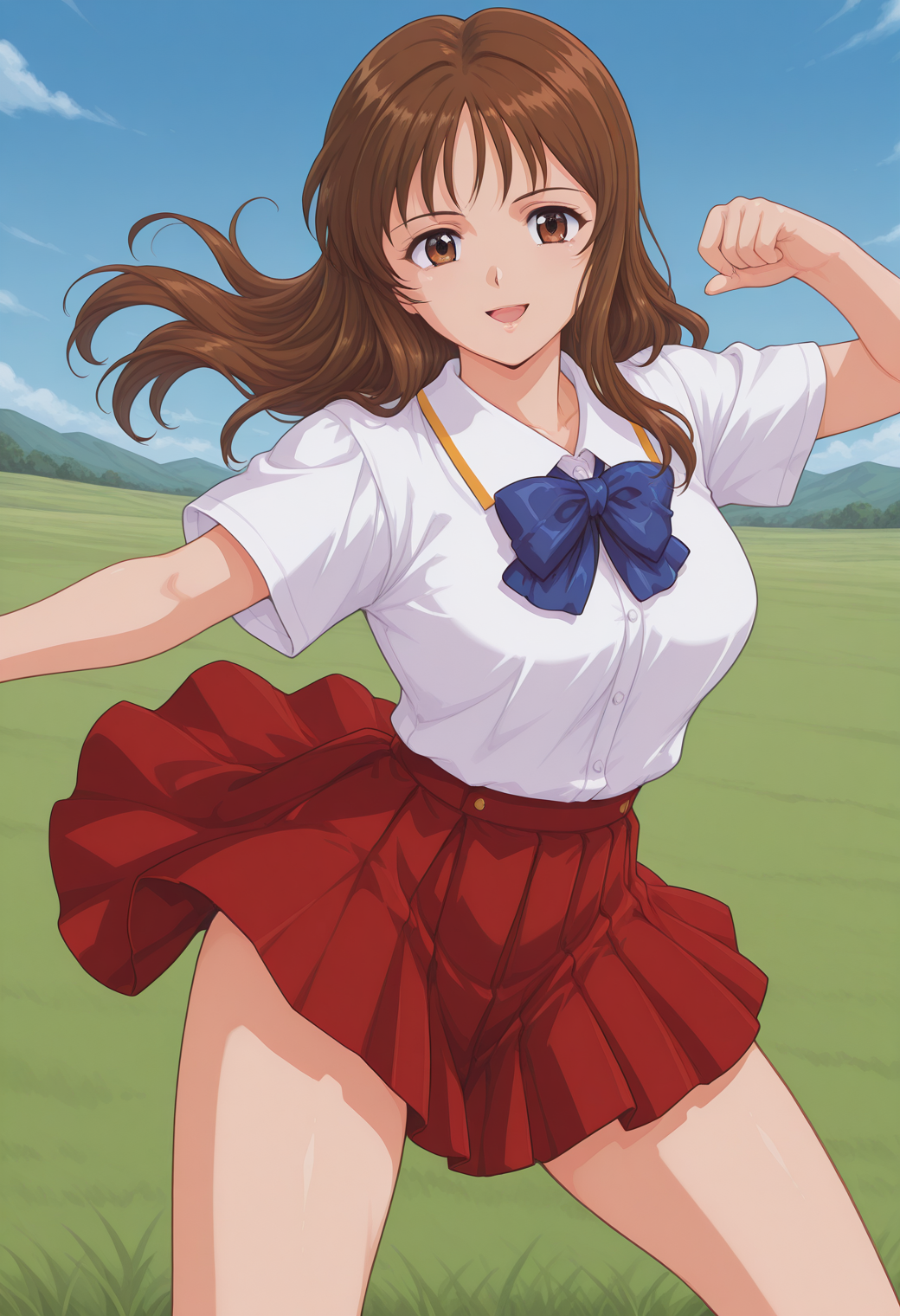 sendou_asuka, brown eyes, brown hair, long hair, blue bowtie, school uniform, short sleeves, collared shirt, white shirt, red skirt, <lora:fr_sendou_asuka_illustrious_ver2:0.8> 
smile, open mouth, cowboy shot,, masterpiece, best quality, sensitive,, 1girl, solo, blue sky, (grasslands:1.2), looking at viewer,, (dynamic pose:1.4),