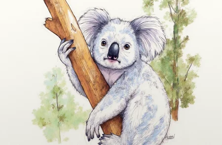 Sharp image of a rough sketch, rendered in vibrant multi colour ballpoint pen, capturing the adorable features of a koala bear sitting on a tree branch. The koala is facing the camera and appears to be looking directly at the camera. It has a round head with a black nose and a gray fur coat. Its body is covered in white fur and its tail is curled around its body. The tree trunk is brown and has a rough texture. The background is blurred, but it seems to be an outdoor setting with trees and foliage.  p3nsk, <lora:p3nsk:1>