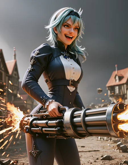 score_9, score_8_up, score_7_up,
source_anime,
close view of eula,
solo, holding ranged weapon, gatling gun, 
firing, casing ejection,destruction, embers, explosion,smoke, 
crazy,laughing, 
front of medieval cathedral, courtyard, medieval fantasy town, 
dynamic, motion blur, emphasis lines,
 <lora:firearm_enhancement:0.9>