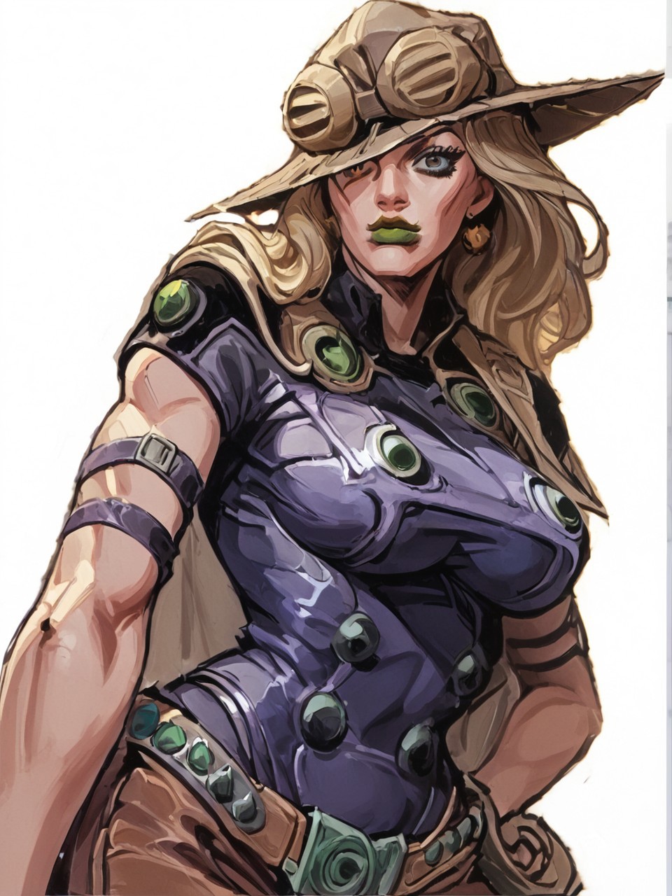 EyesHD, marvelconcept, score_9, score_8_up, score_7_up, portrait of Gyro, 1girl, MYLF, milf, mature female by Hirohiko Araki, looking to the viewer, showing her jawline, muscular body, bare shoulder, bare back, ((dark purple high cut leotard, back harness, large cleavage sagging teardrop breasts, underboob)), areola slip, brown leather straps, belt with green buckle, black arm straps, hat with goggles, blonde hair, green lips, big lips, high cheekbones, confident eyes, wide hip, groin, hip skin, ((cowboy chaps without crotch, Thigh Cut Out, waist  Cut Out, front view)) BREAK thick lineart, cel-shading depicted in a dynamic pose with a cel-shading style. The character features bold outlines and distinct, flat color regions with no gradient mesh, maintaining separate color blocks, crossing hatching shading, half tone. Open-Impressionism, blue sky and cloudy background, marvelrivals BREAK A female character is depicted in an acrobatic pose, bending forward with her legs spread apart. She is balancing on the balls of her feet while leaning her upper body down. Her 2 hands is reaching behind her back, Her head is tilted sideways, and she is looking directly ahead with a confident expression. Her long hair flows down, and she appears to be in mid-motion, showcasing her flexibility and agility. The overall pose emphasizes dynamic movement and balance.