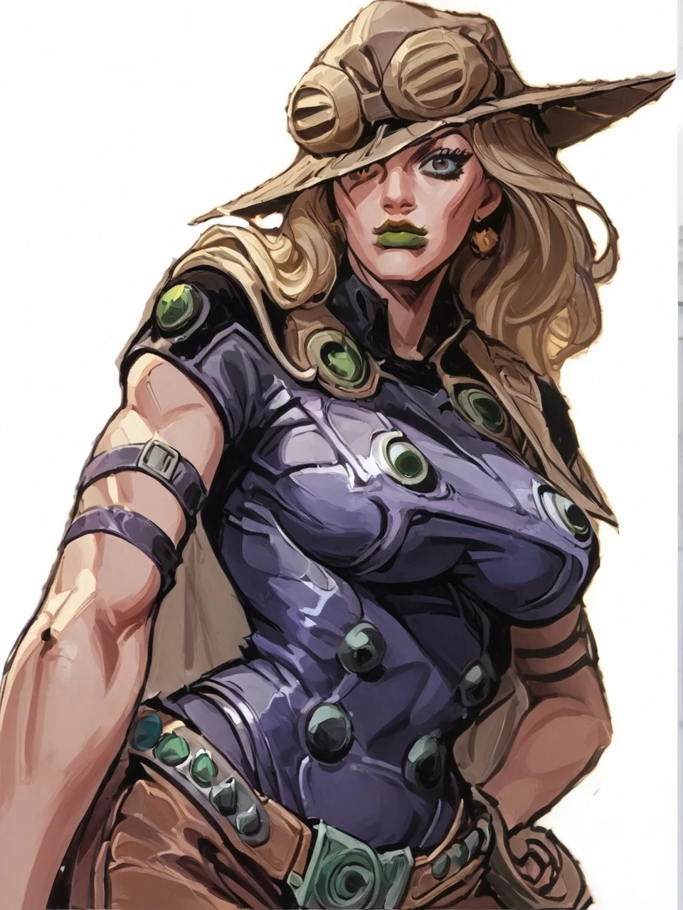 EyesHD, marvelconcept, score_9, score_8_up, score_7_up, portrait of Gyro, 1girl, MYLF, milf, mature female by Hirohiko Araki, looking to the viewer, showing her jawline, muscular body, bare shoulder, bare back, ((dark purple high cut leotard, back harness, large cleavage sagging teardrop breasts, underboob)), areola slip, brown leather straps, belt with green buckle, black arm straps, hat with goggles, blonde hair, green lips, big lips, high cheekbones, confident eyes, wide hip, groin, hip skin, ((cowboy chaps without crotch, Thigh Cut Out, waist  Cut Out, front view)) BREAK thick lineart, cel-shading depicted in a dynamic pose with a cel-shading style. The character features bold outlines and distinct, flat color regions with no gradient mesh, maintaining separate color blocks, crossing hatching shading, half tone. Open-Impressionism, blue sky and cloudy background, marvelrivals BREAK A female character is depicted in an acrobatic pose, bending forward with her legs spread apart. She is balancing on the balls of her feet while leaning her upper body down. Her 2 hands is reaching behind her back, Her head is tilted sideways, and she is looking directly ahead with a confident expression. Her long hair flows down, and she appears to be in mid-motion, showcasing her flexibility and agility. The overall pose emphasizes dynamic movement and balance.