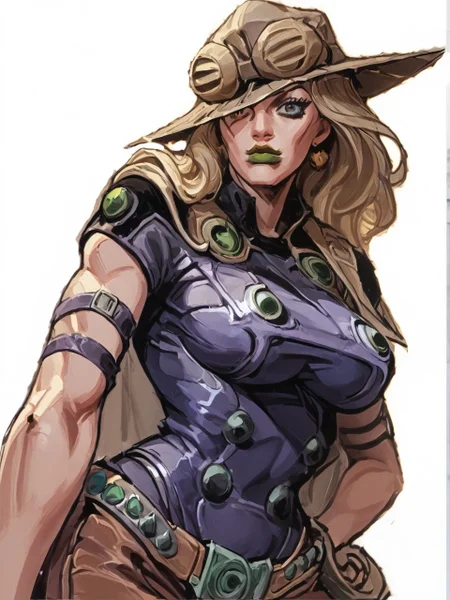 EyesHD, marvelconcept, score_9, score_8_up, score_7_up, portrait of Gyro, 1girl, MYLF, milf, mature female by Hirohiko Araki, looking to the viewer, showing her jawline, muscular body, bare shoulder, bare back, ((dark purple high cut leotard, back harness, large cleavage sagging teardrop breasts, underboob)), areola slip, brown leather straps, belt with green buckle, black arm straps, hat with goggles, blonde hair, green lips, big lips, high cheekbones, confident eyes, wide hip, groin, hip skin, ((cowboy chaps without crotch, Thigh Cut Out, waist  Cut Out, front view)) BREAK thick lineart, cel-shading depicted in a dynamic pose with a cel-shading style. The character features bold outlines and distinct, flat color regions with no gradient mesh, maintaining separate color blocks, crossing hatching shading, half tone. Open-Impressionism, blue sky and cloudy background, marvelrivals BREAK A female character is depicted in an acrobatic pose, bending forward with her legs spread apart. She is balancing on the balls of her feet while leaning her upper body down. Her 2 hands is reaching behind her back, Her head is tilted sideways, and she is looking directly ahead with a confident expression. Her long hair flows down, and she appears to be in mid-motion, showcasing her flexibility and agility. The overall pose emphasizes dynamic movement and balance.