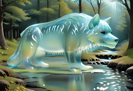 animal_guardian, wolf, Wolf made out of slime, slime wolf in a forest, forest made out of slime, 
natural light, no bright spots, 
((translucent slime)), ((transparent slime)), made of water, (bioluminescent slime), sl1m3, slime, slime-morph, ais-blmn, saturated colors, no creatures, no humans, no monsters, no pokemon, scenery only, scenery, ral-lava, watce