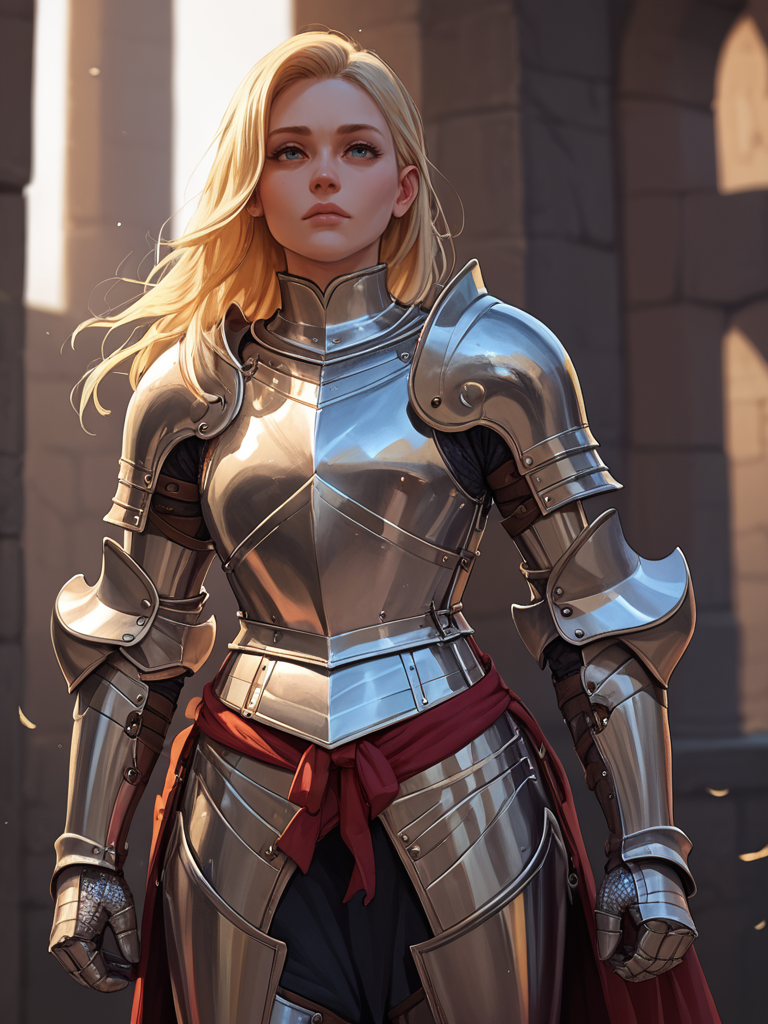<lora:PlateArmor:1> knight, full armor, 1girl, blonde hair,, score_9, score_8_up, score_7_up, score_6_up, score_5_up, score_4_up, BREAK