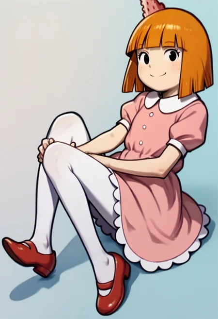 score_9, score_8_up, score_7_up BREAK BethObl, 1girl, orange hair, bob cut, blunt bangs, black eyes, pink head tumor, puffy strawberry dress, white leggings, red mary jane shoes, smiling at viewer,