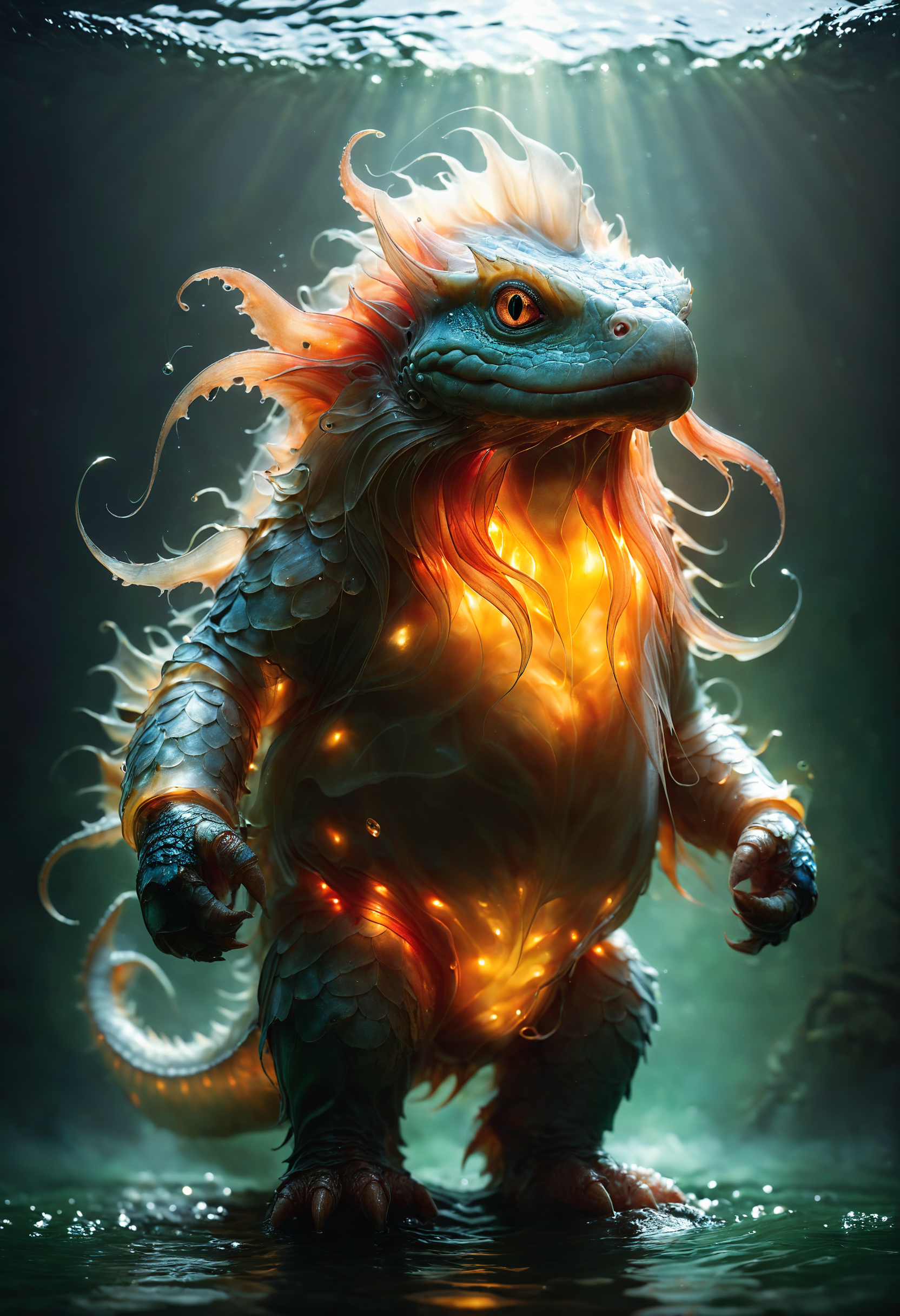 <lora:Mythical_Beasts:0.8> fmb Amphibious creature emerging from murky waters,  <lora:SDXLFaeTastic2400:0.8>, Strobe Lighting, <lora:EnvyEleganceXL01s:0.7> elegant, <lora:EnvyFeverDreamXL01a:0.7>