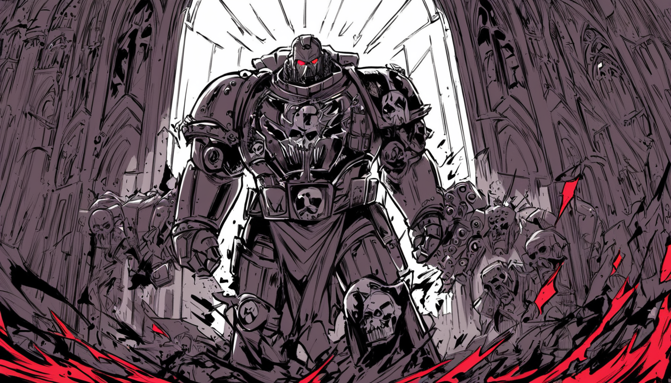 Anime style, Iron Father, Iron hands techmarine, mechadendrite, glowing red eye lens, standing in front of a large gothic building, 
dynamic composition, comic book \(style\), bold lines, dramatic shading, red splashes, line art, limited color palette, extremely detailed,
 <lora:Astartes-000007:1>