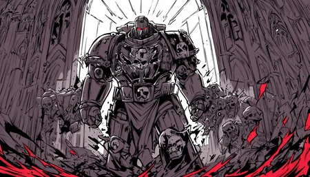 Anime style, Iron Father, Iron hands techmarine, mechadendrite, glowing red eye lens, standing in front of a large gothic building, 
dynamic composition, comic book \(style\), bold lines, dramatic shading, red splashes, line art, limited color palette, extremely detailed,
 <lora:Astartes-000007:1>