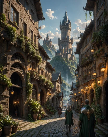 ultra detailed, <lora:add-detail-xl:2>,cinematic scene, lens flare,  extremely detailed,ultra-realistic, cinematic lighting, by Jesper Ejsing, masterpiece, intricately detailed, high resolution, best quality, absurd resolution, mastercrafted,  detailed atmospheric portraits, detailed character design,  in the style of realistic and hyper-detailed renderings,  in the style of hyperrealism, cinematic quality, hyperdetailed background, hyperdetailed objects, 
fantasy scenery, 
POV inside a fantasy town, huge tower in the background, mountaints in the background, detailed alleys, ivy, moss, stone path, stone bridge, people in the background standing at a marketplace, (sunset) ,<lora:aesthetic_anime_v1s:1> <lora:glowneon_xl_v1:0.5>