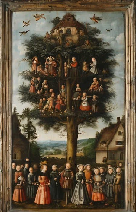 masterpiece,best quality,<lora:tbh283-sdxl:0.9>,illustration,style of Lucas Cranach the Elder portrait of family