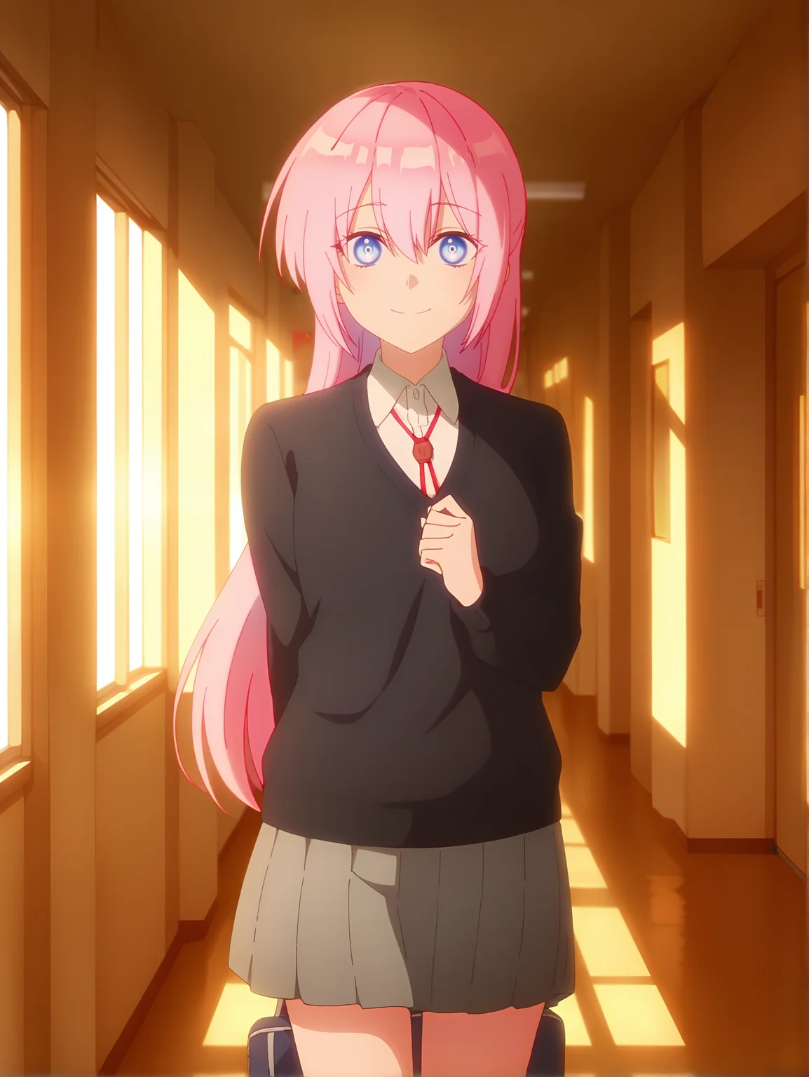 <lora:Shikimori_Character:1>(cowboy shot:1.2), (shikimori:1.2), 1girl, solo, pink hair, blue eyes, ponytail, long hair, school uniform, white shirt, red ribbon tie, smile, hair between eyes, bangs, collared shirt, looking at viewer, gray pleated skirt, black socks, standing still, blue sky, hallway, (cinematic lighting:1.2), holding a bag