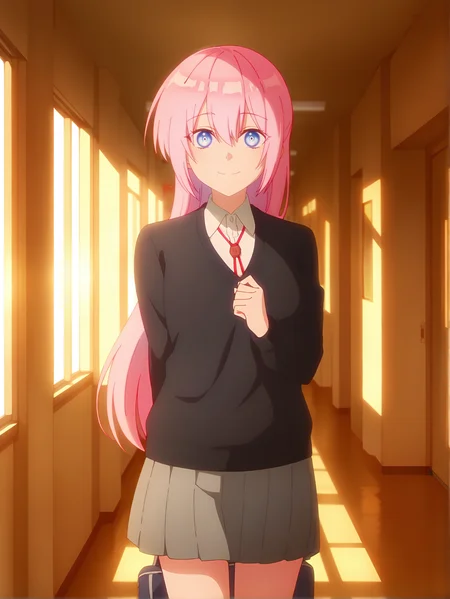 <lora:Shikimori_Character:1>(cowboy shot:1.2), (shikimori:1.2), 1girl, solo, pink hair, blue eyes, ponytail, long hair, school uniform, white shirt, red ribbon tie, smile, hair between eyes, bangs, collared shirt, looking at viewer, gray pleated skirt, black socks, standing still, blue sky, hallway, (cinematic lighting:1.2), holding a bag