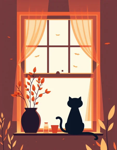 a digital illustration in minimalistic style of a cat sitting on a window sill in autumn