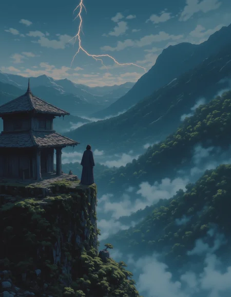 A sorcerer in dark robes stands at the edge of a crumbling, ancient temple on a mountaintop. The templeâs stones are covered in moss, and the air is thick with the scent of rain. Below, the valley is filled with a swirling mist, and distant lightning flashes across the sky.,
<lora:NeonFantasyFLUX:0.8> ne0nfant4sy,