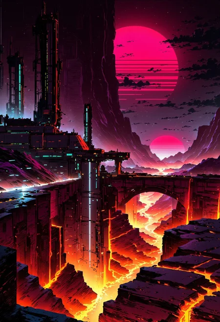 Illustration style, ck-rw, in the style of ck-rw,, arid volcanic landscape, Artemis Stationperched at the edge of a volcanic cliff, its sleek towers a stark contrast to the cliffs surrounding it. The planet’s sun casts a vivid, surreal light across the station, while deep fissures reveal glowing rivers of molten lava far below. The sky is a surreal shade of black and red, with two moons hanging low in the horizon, each reflecting light off the surface.