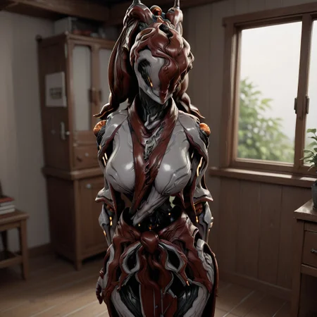 score_10, score_9_up, score_8_up, score_7_up, score_6_up, solo, female, in house, room, (Koumei: warframe, robot, faceless, skinny, large breast size), standing, arms behind back