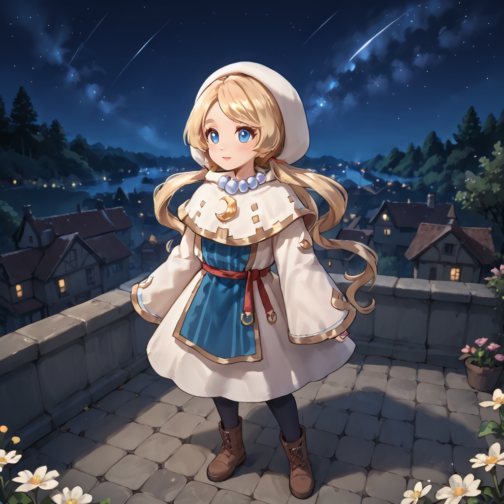 outdoors, night, on roof, looking up, side view,   <lora:Yuelia_-_Fantasy_Life:.8> score_9, score_8_up, score_7_up, score_6_up, yuelia, Fantasy Life, , 1girl, solo, long hair, blonde hair, low twin tails, blue eyes, diamond iris, white outfit, white and gold capelet, pearl necklace, crescent moon medallion, hood, hood up, white robe, long sleeves, bell sleeves, gold trim, blue tabard, red cincture, black tights, brown boots, full body, standing,