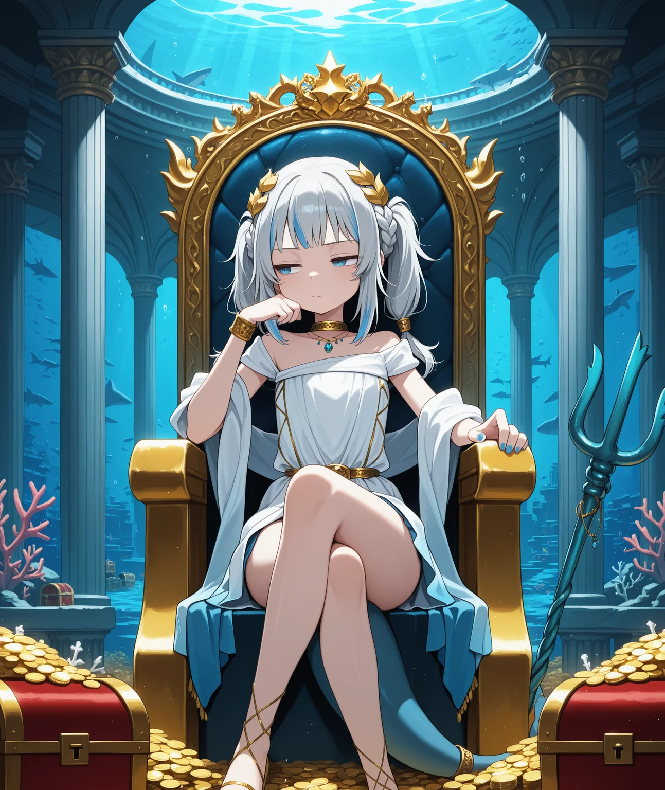 masterpiece, best quality, amazing quality, underwater, underwater city, atlantis, throne room, coral, column, pillars, golden throne, trident, trident leaning against throne, riches, piles of gold coins, treasure chest, sitting on throne, legs crossed, chin rest, looking to the side, frown, half-closed eyes, bored,   1girl, solo, laurel crown, white dress, gradient dress, gold trim, jewelry, braid, twintails, grey hair, streaked hair, blue eyes, shark tail, blue nails  <lora:gura_illus:1>
