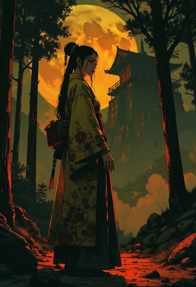 in the style of cksc,, Stunning Japanese woman (long hair, sidelocks, hair ornament, long traditional gold and red eastern dress) standing in a woodland clearing at night, illuminated by weak moonlight, silhouetted, chiascuro, light illuminating one side of her, detailed face