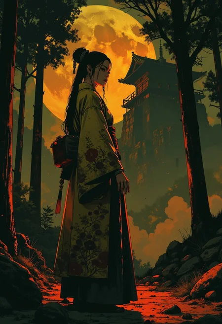 in the style of cksc,, Stunning Japanese woman (long hair, sidelocks, hair ornament, long traditional gold and red eastern dress) standing in a woodland clearing at night, illuminated by weak moonlight, silhouetted, chiascuro, light illuminating one side of her, detailed face
