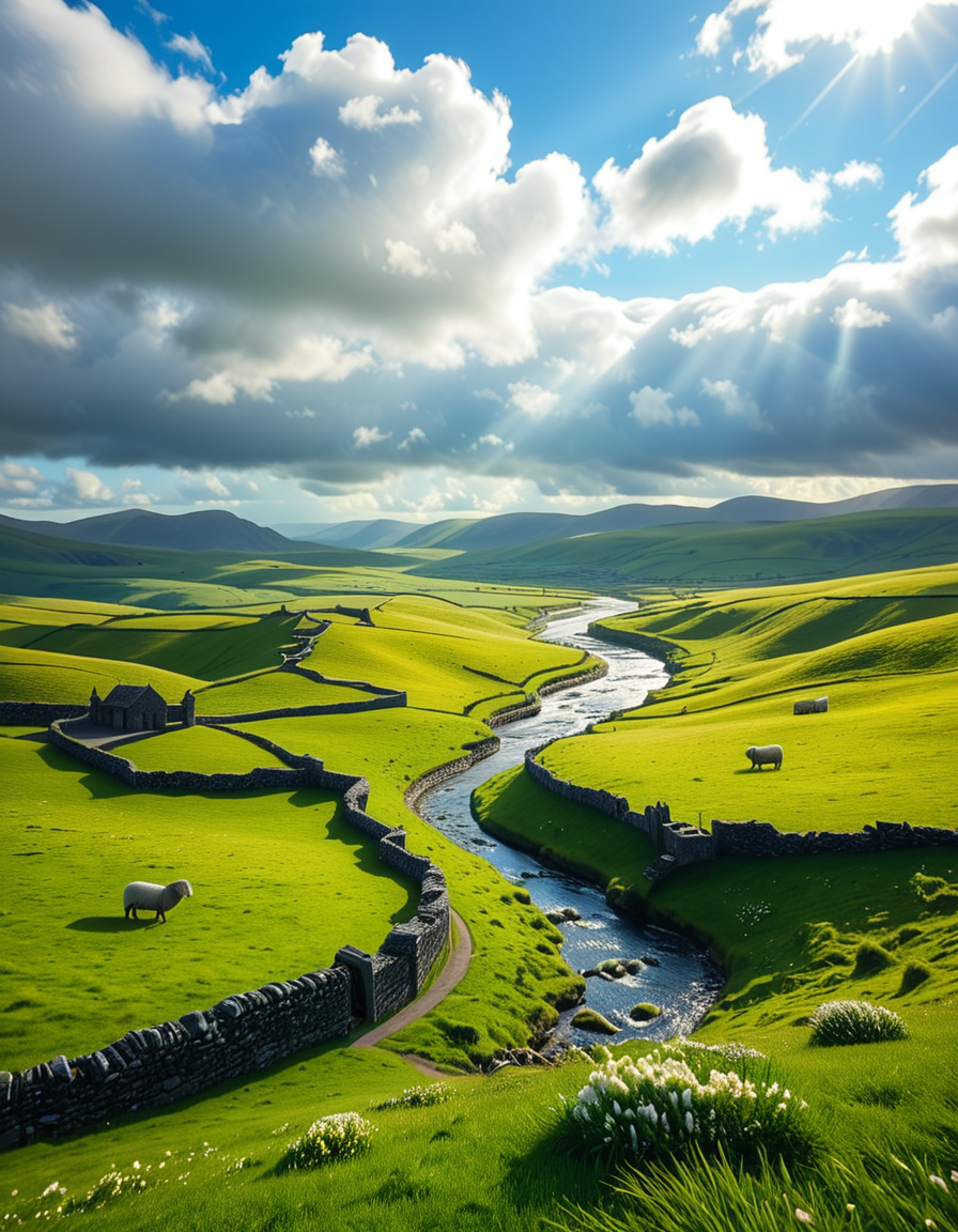 A breathtaking, high-resolution photograph of the rolling plains of Ireland, stretching endlessly under a vast, cloud-streaked sky. The landscape is a lush, vibrant green, with gentle hills covered in soft grass and dotted with scattered wildflowers. Ancient stone walls and winding dirt paths cut through the fields, marking old farmland boundaries. In the distance, a few solitary sheep graze peacefully, their white wool contrasting against the emerald grass. A small, clear river meanders through the valley, reflecting the soft light of the sky. The horizon is framed by low, misty mountains, adding depth and mystery to the scene. Above, the sky is a mix of bright blue and fluffy white clouds, casting dynamic shadows across the landscape as beams of sunlight break through. The atmosphere is serene, timeless, and rich with the natural beauty of the Irish countryside.
<lora:SDXLFaeTastic2400:0.4> <lora:extremely_detailed:0.4> extremely detailed, <lora:rolling_plains_of_1r3l4nd:1>,rolling plains of 1r3l4nd, Masterpiece,best quality,hi res,8k,hi res,8k,award winning,(sharp focus, intricate, highly detailed),