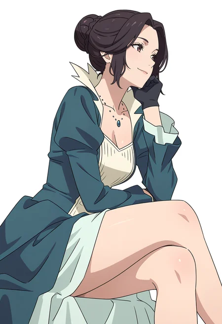 Smooth Quality,masterpiece,very intricate, high quality details, ultra realistic, high detailed skin,detailed enviorement,absurdres,
simple background, white background,
sitting, legs crossed, hand on chin, smiling, relaxed, ,from side,
<lora:Blumund_Queen_cnn:0.6>blumundqueencnn,1girl, black hair, hair bun,
long sleeves, blue dress, black gloves,jewelry, necklace,