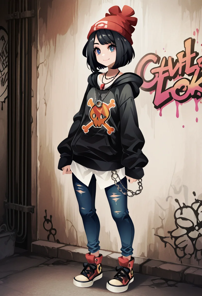 masterpiece, best quality, 1girl, solo, eyelashes, (beautiful eyes), narrow waist, smile, <lora:CoutureCraze_IXL:1.0>, zzSelene, black hair, short hair, C0utur3Cr4z3, 1girl, solo, oversized hoodie, distressed jeans, chunky sneakers, statement chain necklace, beanie, graffiti alley, urban vibe â Selene stands confidently in a graffiti-covered alley, exuding bold streetwear energy. Her oversized hoodie with bold graphic prints sways as she moves, while distressed jeans and chunky sneakers give her look an effortless edge. A statement chain necklace glints against the dark backdrop, and a beanie sits atop her short black hair. The alley's vibrant graffiti adds color to the scene, highlighting her urban style. <lora:SelenePokemon_NAI:1.0>,