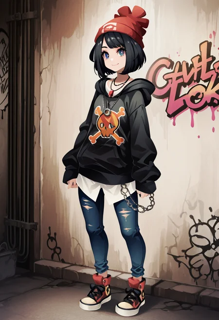 masterpiece, best quality, 1girl, solo, eyelashes, (beautiful eyes), narrow waist, smile, <lora:CoutureCraze_IXL:1.0>, zzSelene, black hair, short hair, C0utur3Cr4z3, 1girl, solo, oversized hoodie, distressed jeans, chunky sneakers, statement chain necklace, beanie, graffiti alley, urban vibe â Selene stands confidently in a graffiti-covered alley, exuding bold streetwear energy. Her oversized hoodie with bold graphic prints sways as she moves, while distressed jeans and chunky sneakers give her look an effortless edge. A statement chain necklace glints against the dark backdrop, and a beanie sits atop her short black hair. The alley's vibrant graffiti adds color to the scene, highlighting her urban style. <lora:SelenePokemon_NAI:1.0>,