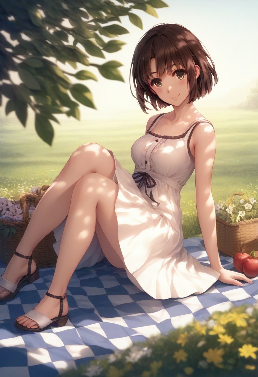 score_9, score_8_up, score_8, score_7_up, score_7, source_anime,
1girl, katou megumi, Megumi <lora:KatoMegumi:1>,brown hair,katou megumi,brown eyes, short hair , medium breasts,  solo, Looking at viewer, masterpiece, best quality, summer picnic theme, lush green meadow background, wearing a light yellow sundress, sitting on a checkered picnic blanket, surrounded by a basket of fruits, flowers, and an open book, dappled sunlight filtering through tree branches, gentle smile, calm and serene expression, soft wind ruffling her dress and hair, pastel tones, natural lighting, full-body shot, relaxed and cozy atmosphere, depth of field, warm and inviting vibe