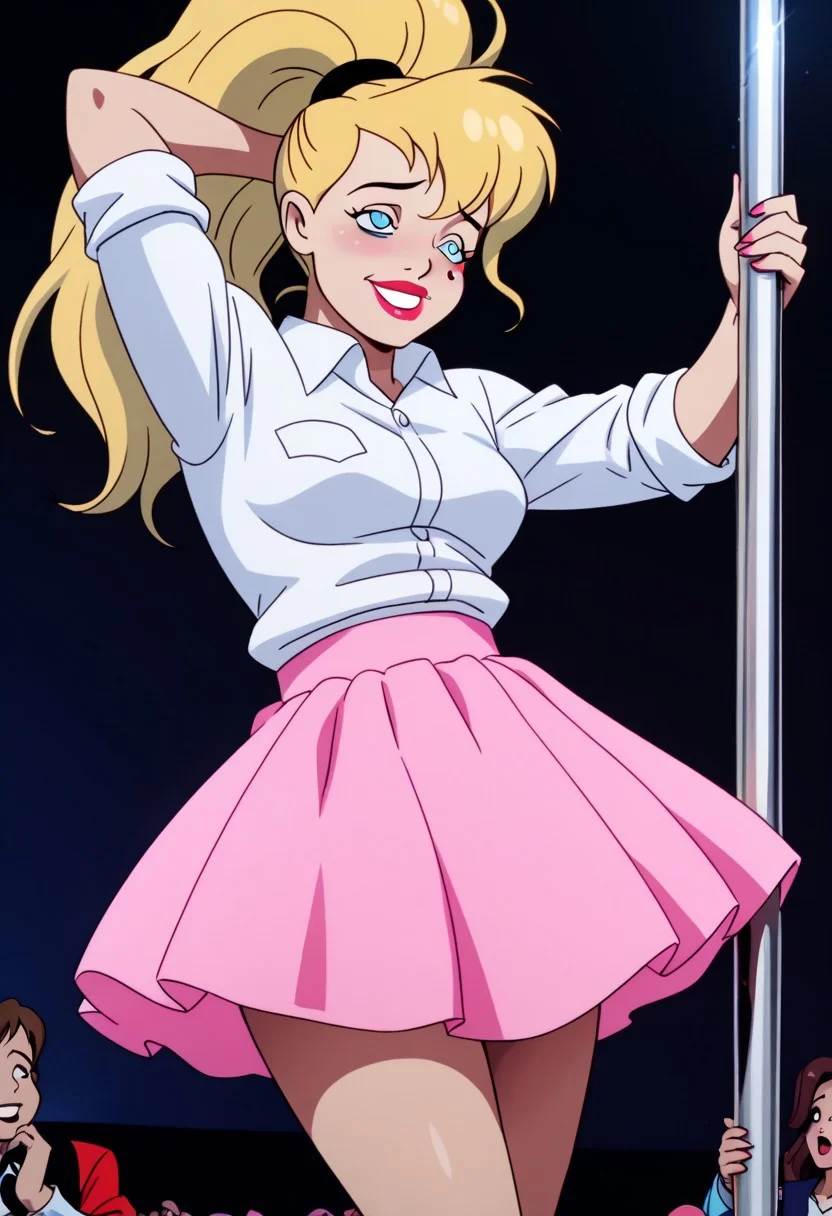 pole dancing, <lora:Harley_Quinn(1):1>, adorable half-closed eyes, shy timid rolling eyes, Really long White messy wavy ponytail, wide skirt, Cute beautiful shy blue eyes, cute eyeliner, (long_platinum_blonde_ponytail:1.1), Beautiful big pink lips, (white_T_shirt:0.7), shirt sleeves rolled up, gorgeous hair over left eye, adorable submission pleasure shy timid face, (squishy_gigantic_size_breast:0.59), (pink_long_puffy_really_wide_Mahou_Kei_romantic_pink_puffy_skirt:1.3), adorable shy timid smile,(really_wide_romantic_skirt:0.5) (adorable_full_body_and_shy_timid_adorable_ladylike_skirt_pole_dancing:0.77),(upper_full_mature_Female_body_and_delicious_timid_adorable_ladylike_skirt_pole_dancing:1.15)
