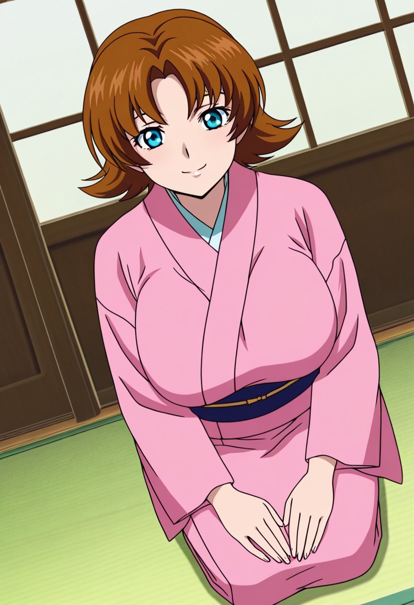 general,highres, ultra-detailed,very aesthetic,best quality ,best hands,best eyes,easynegative,
dynamic anglre, dutch angle, anime cloring,anime screencap,
1girl solo,looking at viewer,washitsu,smile,seiza,
Miriallia Haw,brown hair,short hair,blue eyes,huge breasts,japanese clothes,kimono,