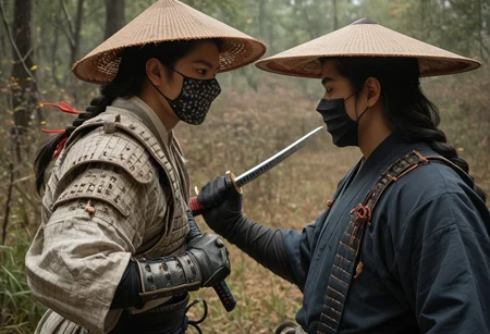 score_9, score_8_up, score_7_up, strawhat, conical hat, 1boy, a heavily armored samurai with shoulder armor and a straw hat, holding a giant katana sword in both hands, ready to fight, asian, long hair, low braid, roninwarriors, samurai facemask, (monolid:1.3),
