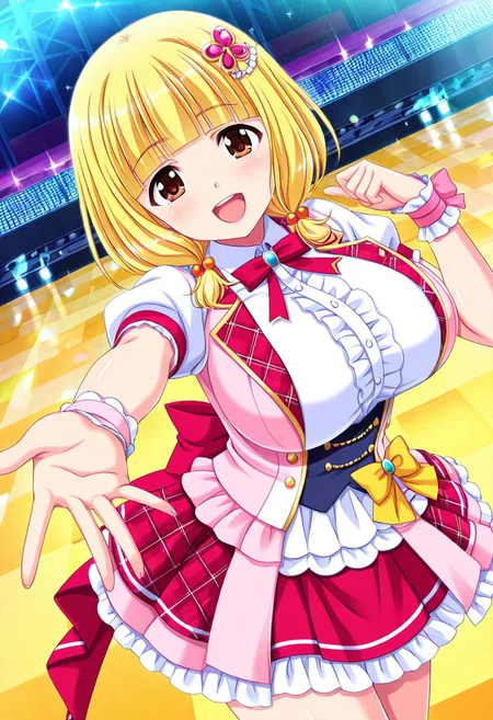 general,highres, ultra-detailed,very aesthetic,best quality ,best hands,best eyes,easynegative,
dynamic anglre, dutch angle, anime cloring,anime screencap,
1girl solo,looking at viewer,on stage,concert hall,open mouth,smile,dancing,
Kobato Hinagata,yellow hair,brown eyes,huge breasts,short hair,hair ornaments,blunt bangs,idol costume,