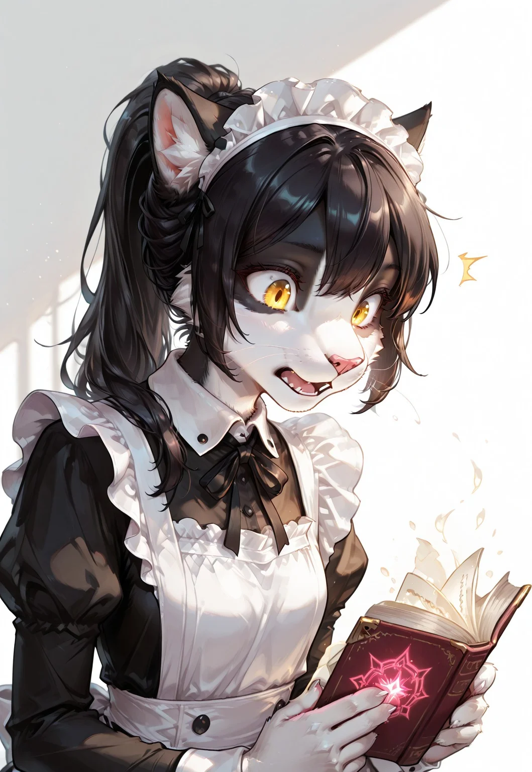 score_9, score_8_up, score_7_up, (solo), sfw, ITMStyle,
BREAK 1girl, Ember (ESO), anthro, feline, black and white fur, black hair, slim, maid apron, maid, maid headdress, wrist cuffs, yellow eyes, upper body, ponytail, head leans forward, reading a spell book, glowing book, looking down, shocked, open mouth
BREAK portrait, face close up, extremely detailed, cinematic soft lighting, simple background, sharp focus, extremely detailed, high detail
BREAK detailed eyes, detailed hair, depth of field, detailed fluffy fur, photorealistic details