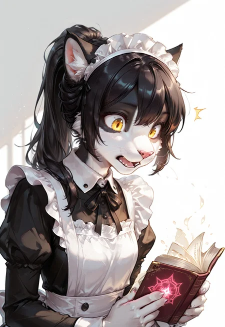 score_9, score_8_up, score_7_up, (solo), sfw, ITMStyle,
BREAK 1girl, Ember (ESO), anthro, feline, black and white fur, black hair, slim, maid apron, maid, maid headdress, wrist cuffs, yellow eyes, upper body, ponytail, head leans forward, reading a spell book, glowing book, looking down, shocked, open mouth
BREAK portrait, face close up, extremely detailed, cinematic soft lighting, simple background, sharp focus, extremely detailed, high detail
BREAK detailed eyes, detailed hair, depth of field, detailed fluffy fur, photorealistic details