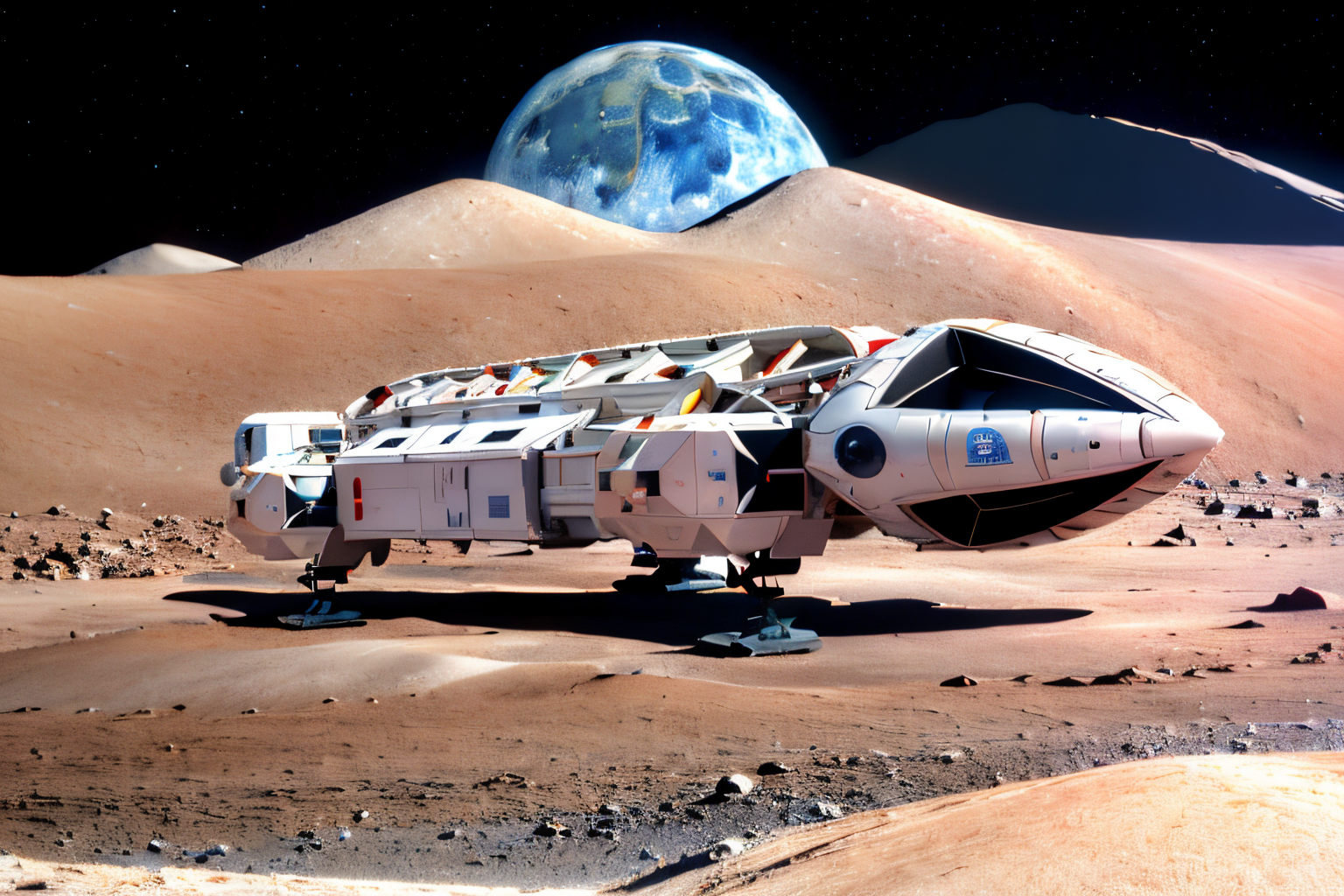 (Realistic:1.5) (masterpiece) EdobSpace1999Eagle, military, no humans, black background, machinery, spot color, science fiction, military vehicle, cable, vehicle focus, space background, no humans, moon, star (sky), lens flare, science fiction, sun, retro artstyle, space, planet, earth (planet), spacecraft, concept art, (view from back:1.5), <lora:EdobSpace1999Eagle_v1.0:0.9>