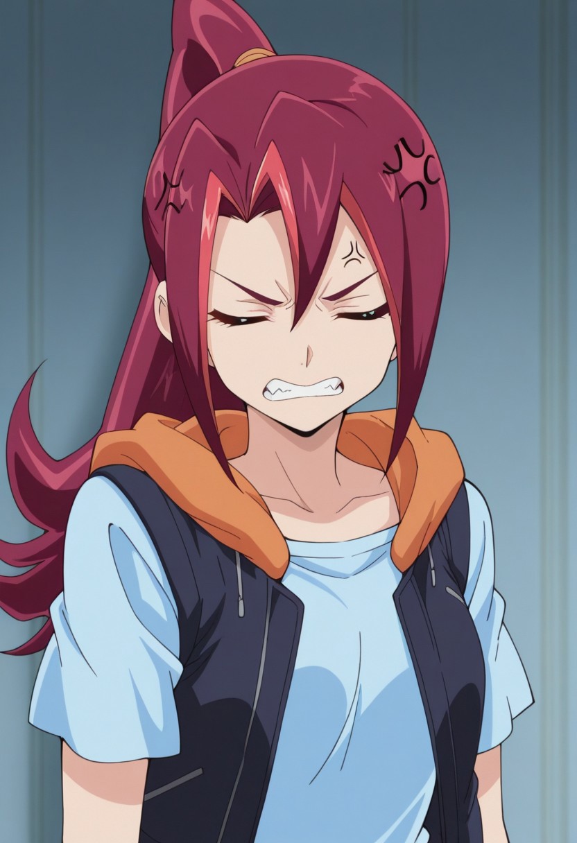 masterpiece,best quality,amazing quality, source_anime, 
KariTsukumo, 1girl, solo, closed eyes, red hair, long hair, ponytail, multicolored hair, shirt, blue shirt, short sleeves, jacket, hood, sleeveless jacket, anger vein, teeth, parody