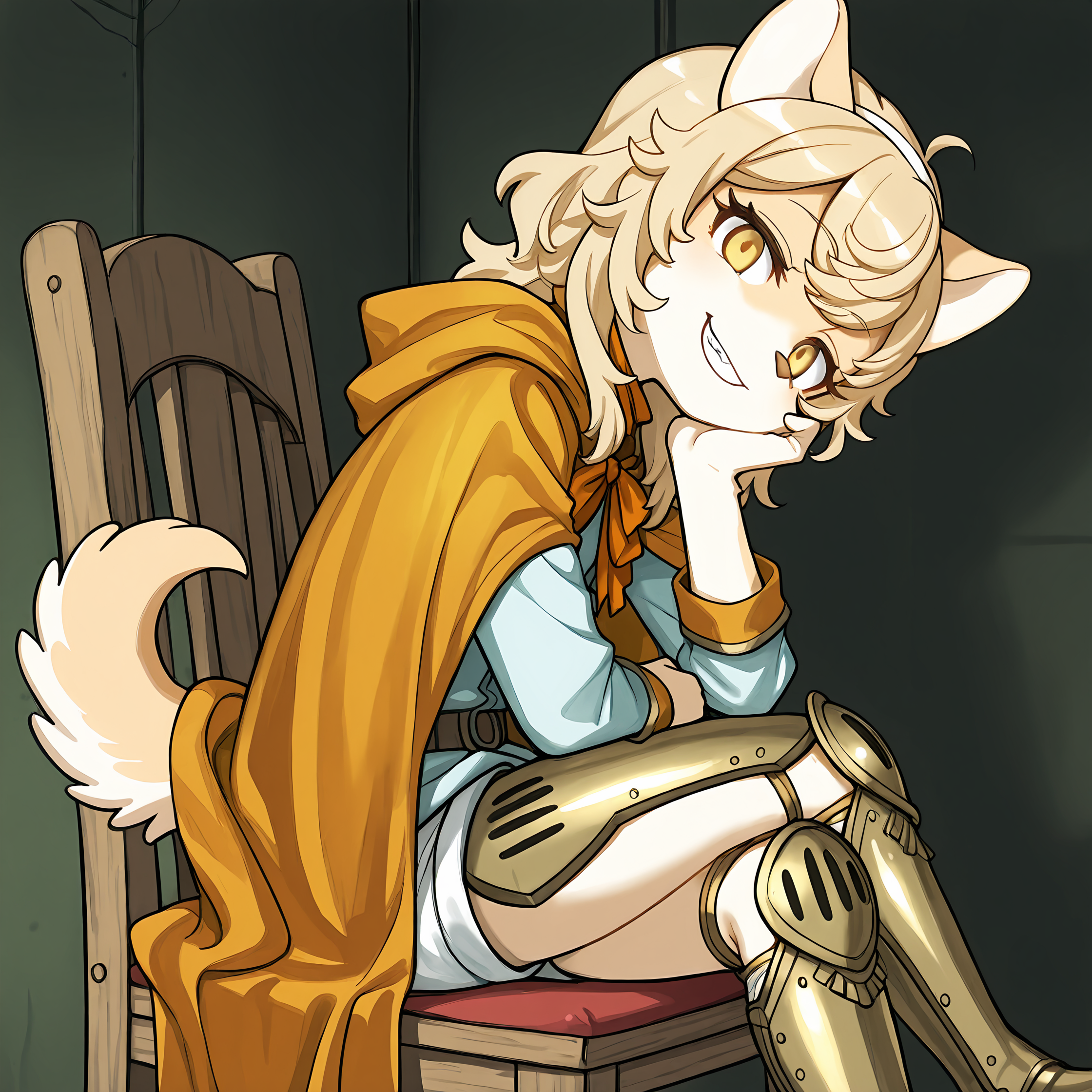 BREAK, <lora:Chick_Montblanc_Illustrious_V1:1>, Chick Montblanc, Fuga: Melodies of Steel, kemono, furry female, 1girl, dog girl, beige fur, white fur, multicolored fur, yellow eyes, blonde hair, short hair, animal ears, dog ears, dog tail, Fuga 2 Appearance, long hair,
BREAK, Fuga 3 Outfit, metal boots, metal thigh plates, white shorts, white topwear, orange cape, orange neckerchief, hairbandt, bangs, 
BREAK, solo, inside, sitting on chair, legs crossed, head on hand, smug, grin, looking at viewer, head tilt,