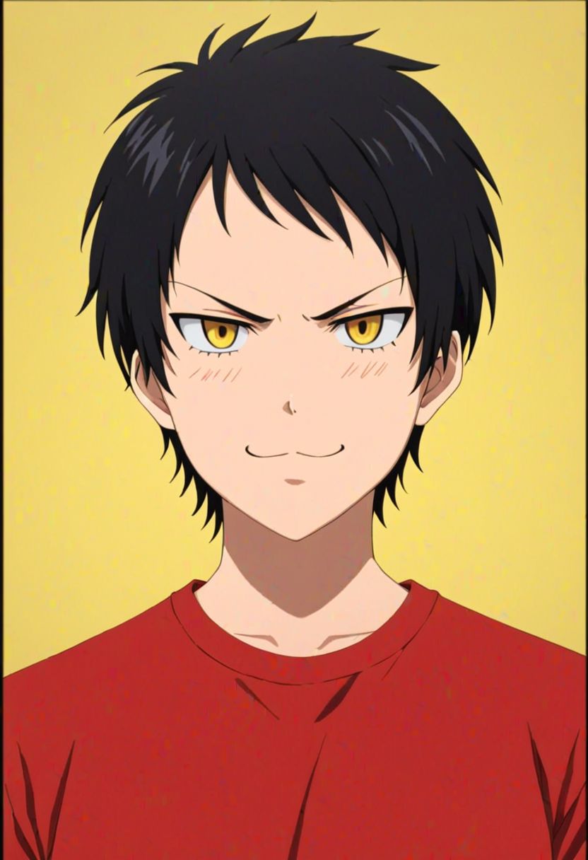 Sasuke Tsubaki, Yellow Eye,  masterpiece, best quality, (1boy), solo, male focus, photography, High definition, Black hair, 4K, shirt, Solid COlor Background, passport_photo_style, >:), angry, smile
