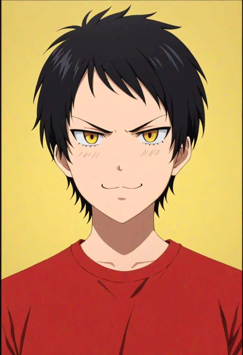 Sasuke Tsubaki, Yellow Eye,  masterpiece, best quality, (1boy), solo, male focus, photography, High definition, Black hair, 4K, shirt, Solid COlor Background, passport_photo_style, >:), angry, smile