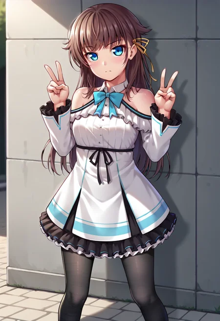 <lora:KashiwazakiKana_IXL:0.7> best quality,masterpiece,kashiwazakikana,1girl,brown hair,long hair,blue eyes,double v,hair ribbon,kanacasual,black pantyhose, frilled dress,shoulder cutout