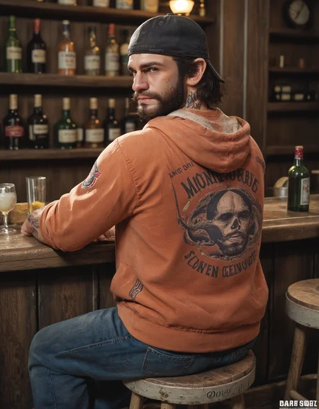 score_9, score_8_up, score_7_up, BREAK 1boy, solo, looking at viewer, upper_body, (green_eyes:0.7)
beard, mustache, short hair, orange_hoodie, tattoo, baseball_cap, backwards_hat,
sitting, stool, from_behind, looking_back,
indoors, bar, detailed environment, <lora:Deacon_St._John:1>